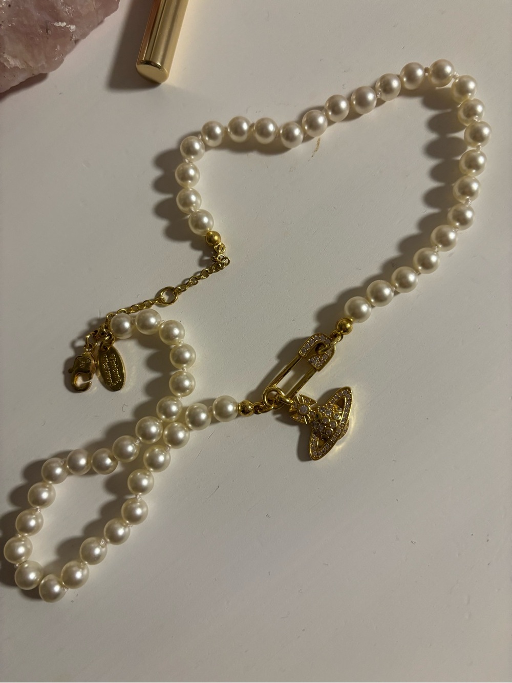 Vivienne Westwood White Pearl Necklace with Gold Orb Charm